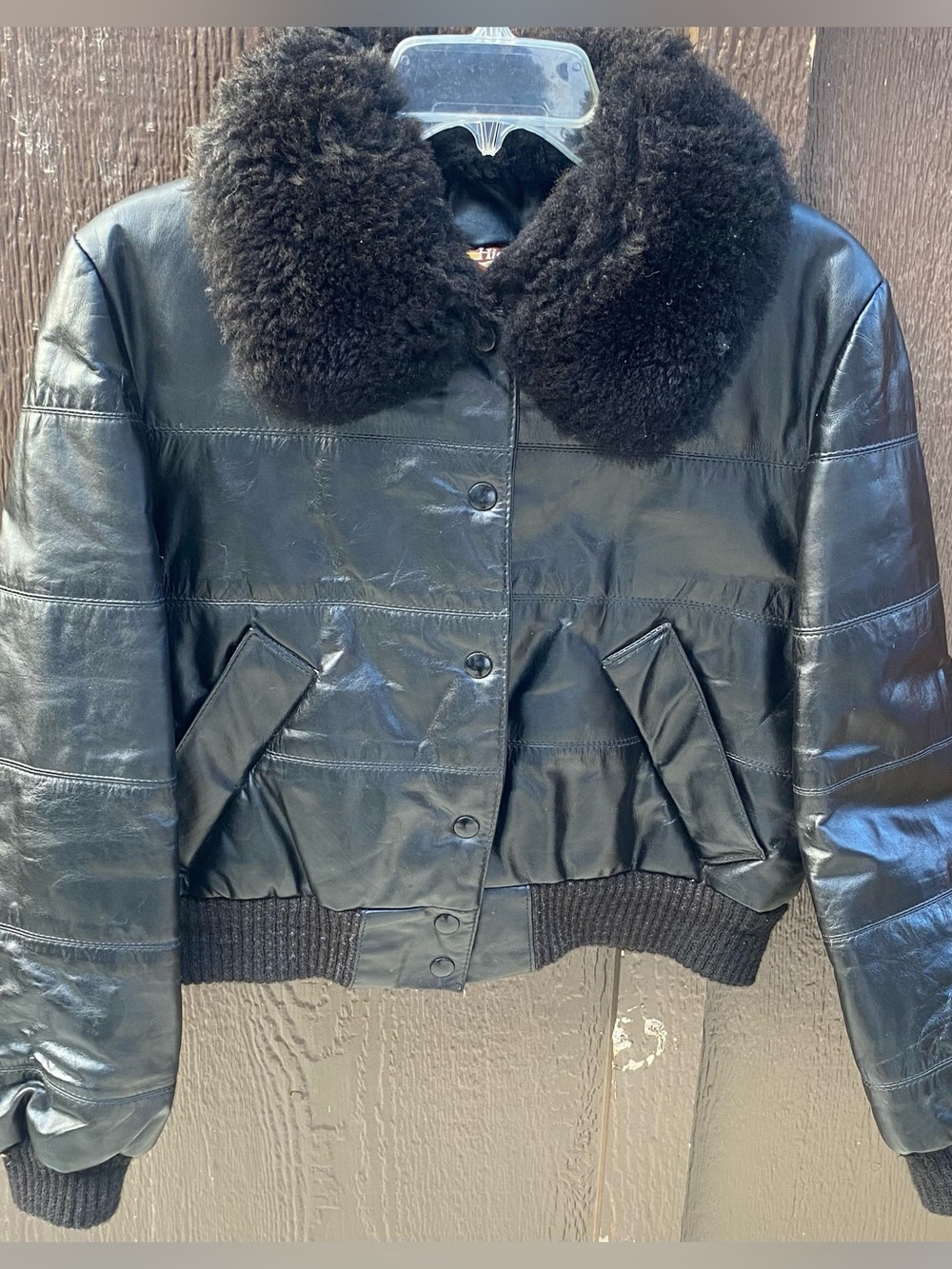Vintage Hideaway Women's Black Faux Shearling Collar Bomber Jacket size EX small